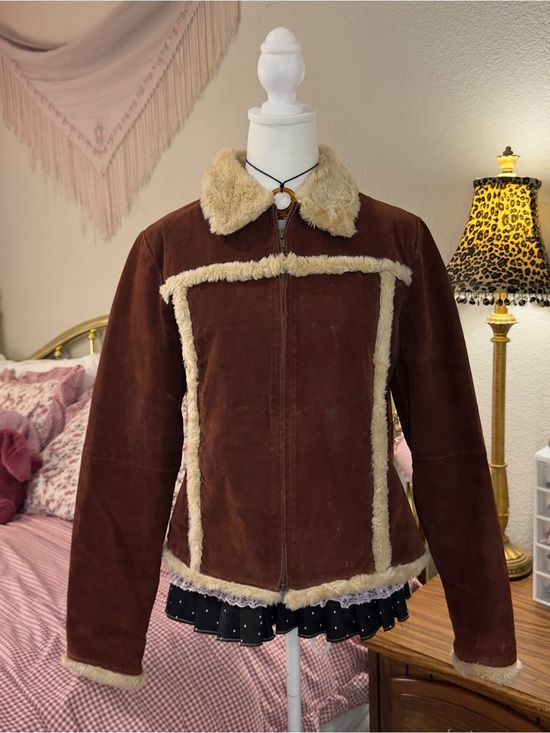 Rue21 Jackets & Blazers - Y2K Brown Leather Jacket with Cream Shearling Trim